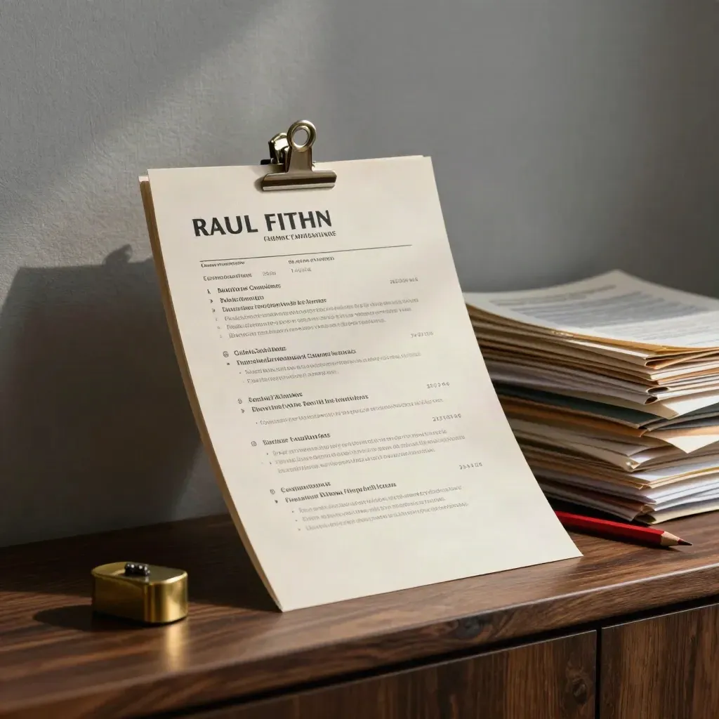 Cream CV page atop a collapsed academic stack with brass weight and red pencil in dramatic shadow.