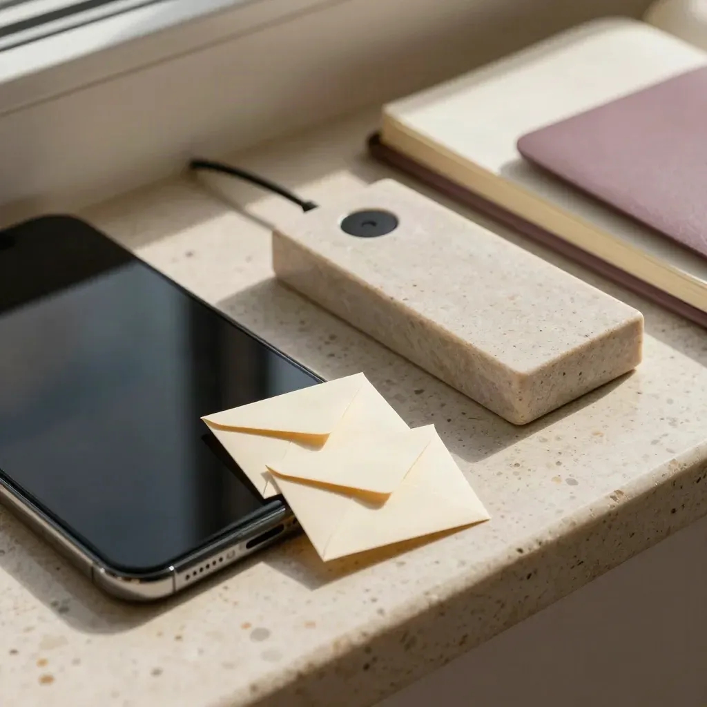 Face-down phone, envelope tokens, charger dock, and notebook on a sunlit travertine sill.