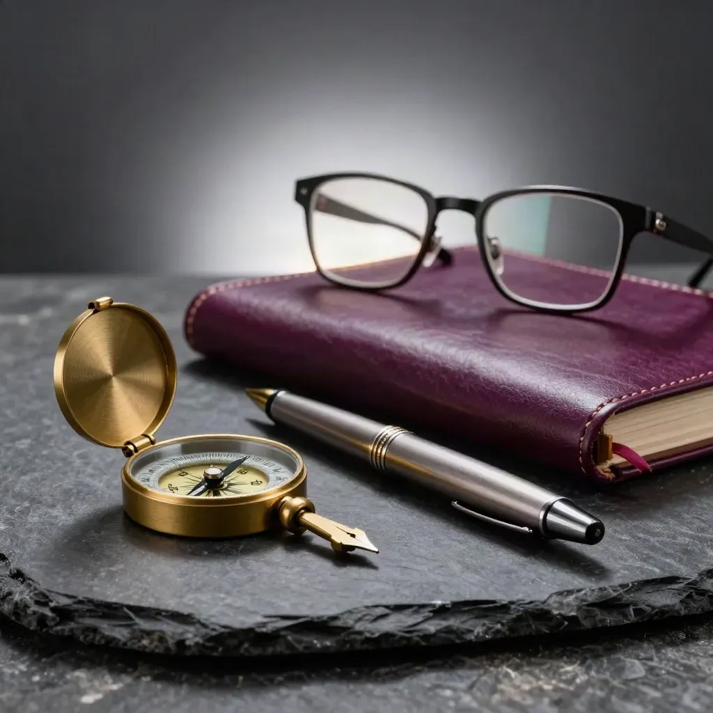 Brass compass, fountain pen, leather planner and reading glasses on dark stone in dramatic light.